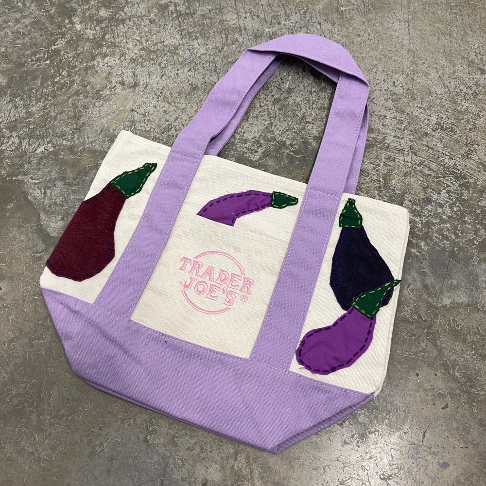 Trader Joe's Mini Canvas Tote Bag Lavender Cream Eggplant Custom Patch DIY